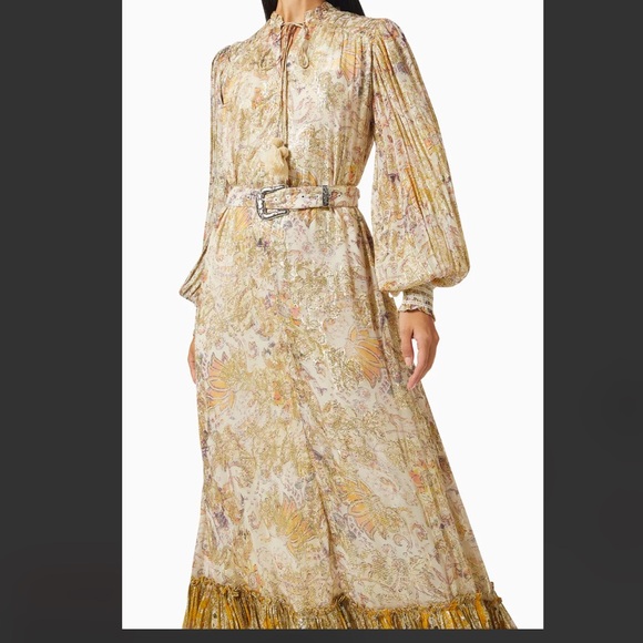 HEMANT & NANDITA Gold Floral Maxi Dress with Ruffle Hem - Picture 3 of 9